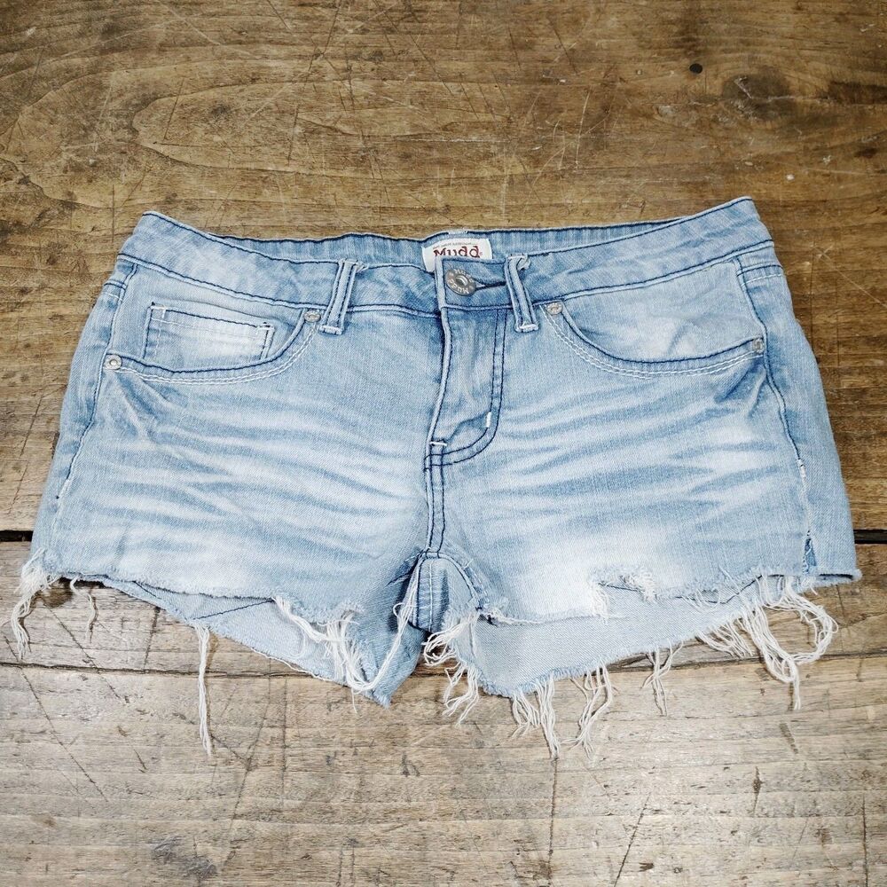 Vintage MUDD Sz 9 Denim Shorts Blue Low Rise Festival Raw Hem Mini Micro Y2K